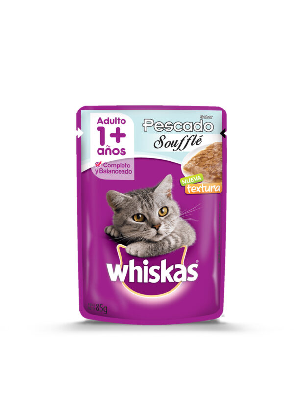 Whiskas Caja 24 Pouch Sabor Pescado Soufflé 85g.